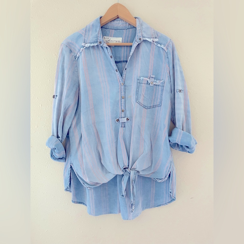 Vintage Havana Blue Chambray Long Sleeve Button Tie Front Top Womens Small